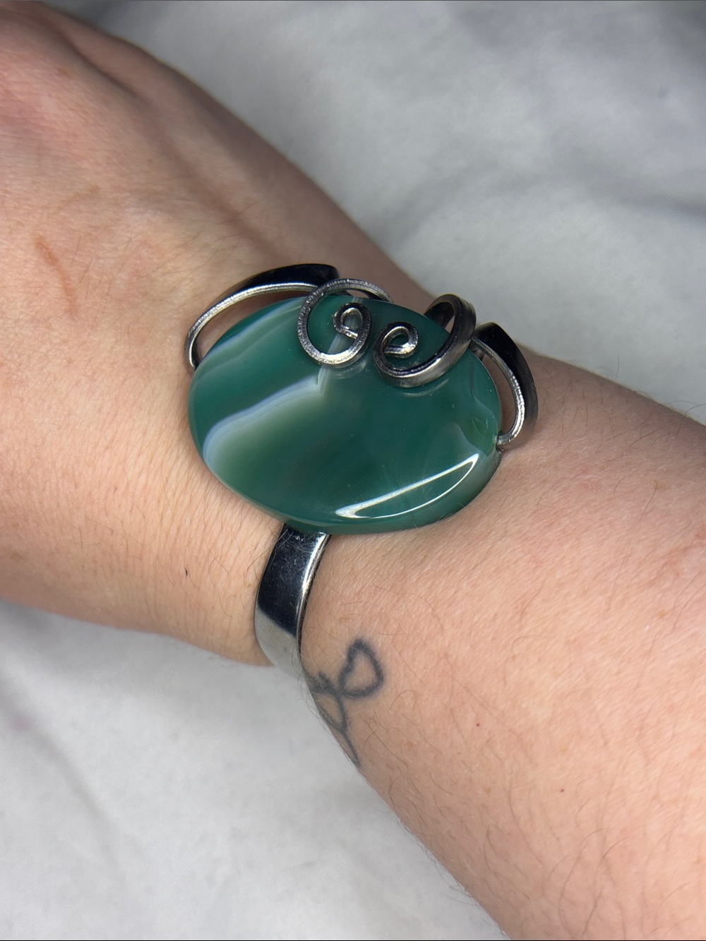 Teal Banded Agate Stone Silver Fork Wrapped Cuff Style Bracelet